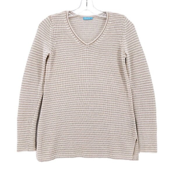 J McLaughlin Beige Cream Striped Knit Top Rolled V-Neck Pullover Sweater Size XS - Picture 1 of 6